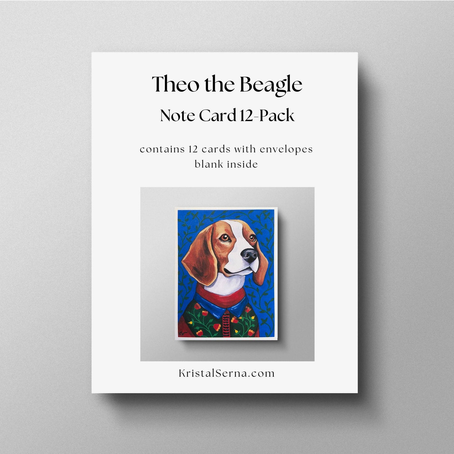 A promotional image for a 12-pack of note cards featuring Theo the Beagle. The set is described as containing 12 blank-inside cards with envelopes. A preview of Theo’s artwork is displayed in the center, with the artist’s website, KristalSerna.com, shown below.