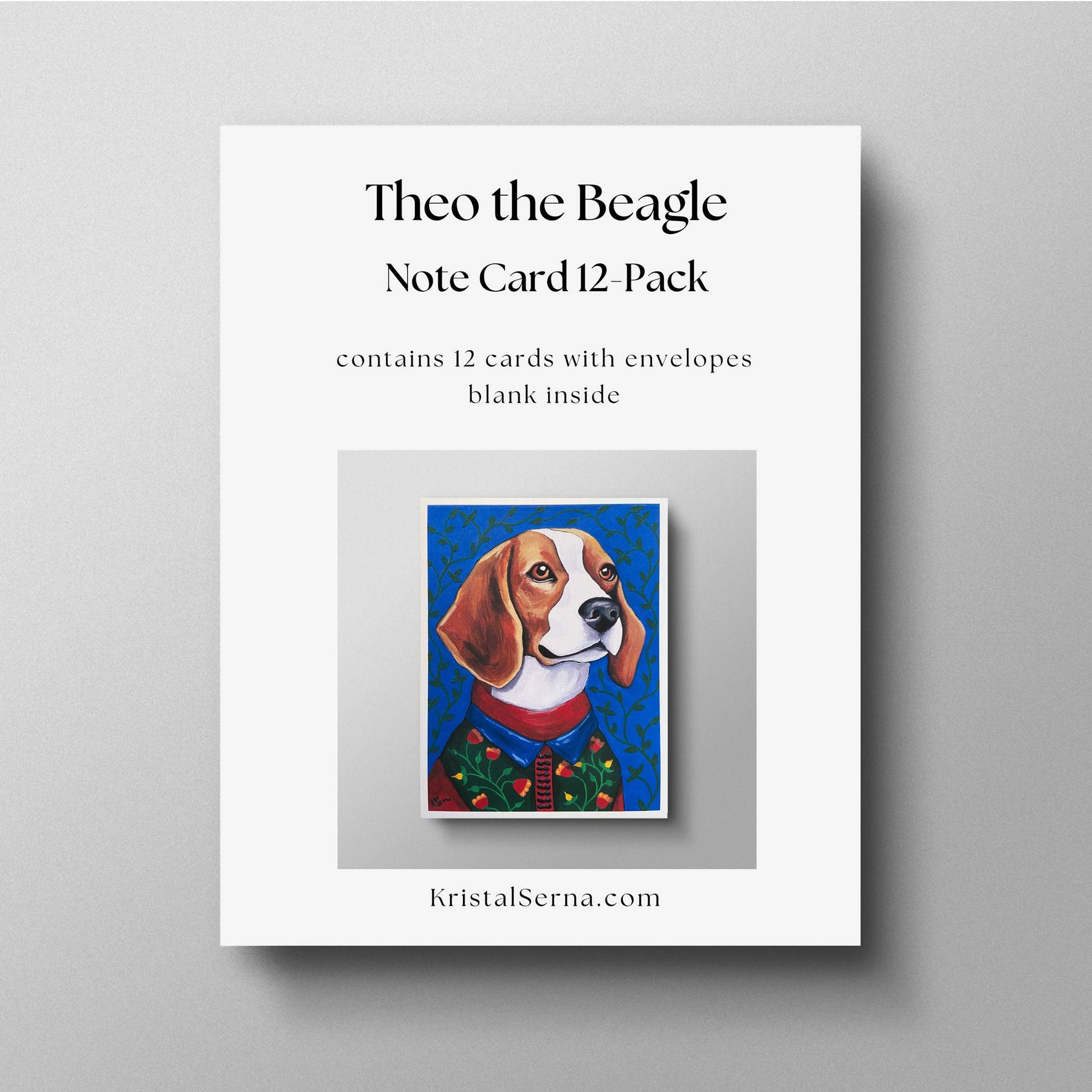 A promotional image for a 12-pack of note cards featuring Theo the Beagle. The set is described as containing 12 blank-inside cards with envelopes. A preview of Theo’s artwork is displayed in the center, with the artist’s website, KristalSerna.com, shown below.