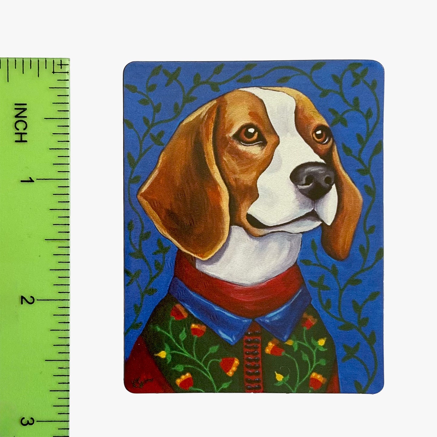 Painting of a dog with a blue background and a ruler for scale on the left.
