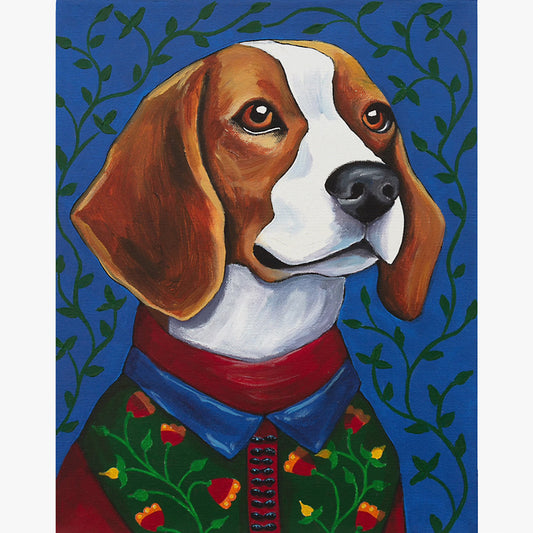 A detailed painting shows Theo’s expressive brown eyes, floppy ears, and the intricate embroidered details on his green sweater, set against a blue background with leafy vines.