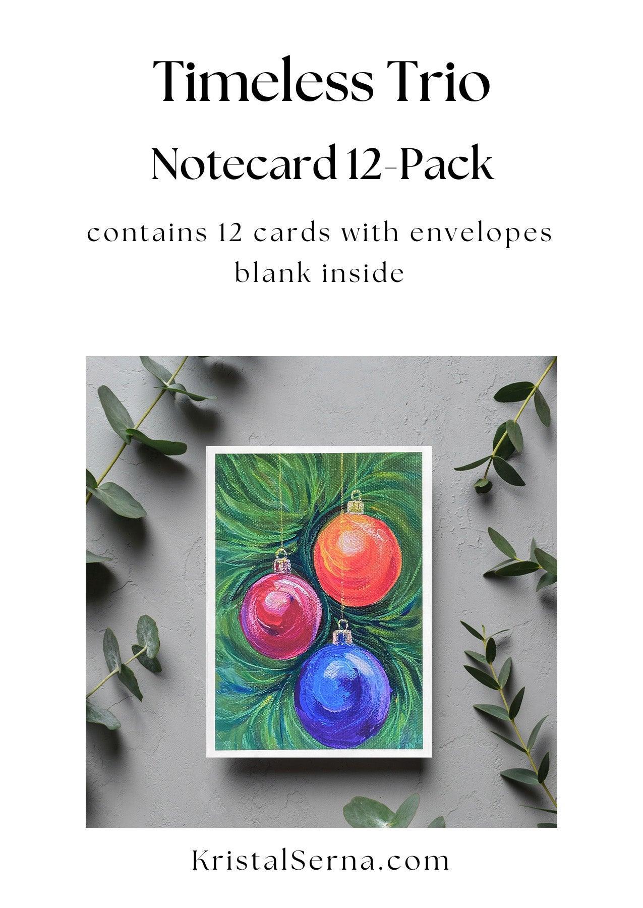 An acrylic painting of three Christmas ornaments—red, pink, and blue—hanging from green pine branches.