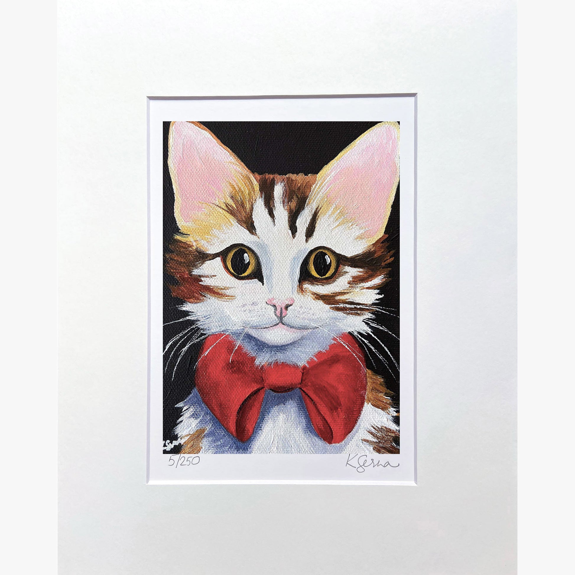 Framed illustration of a cat with a red bow tie on a white background