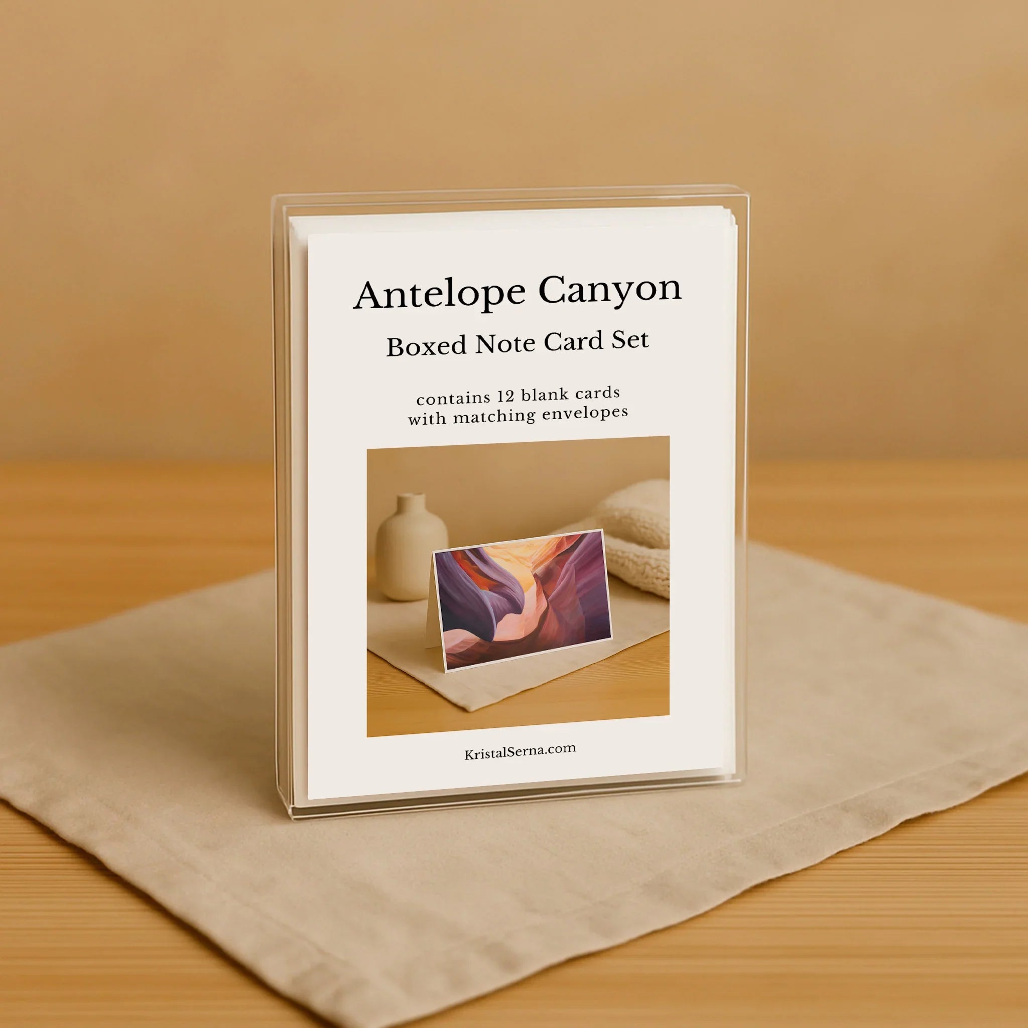 Antelope Canyon boxed note card set on a wooden surface with a beige background