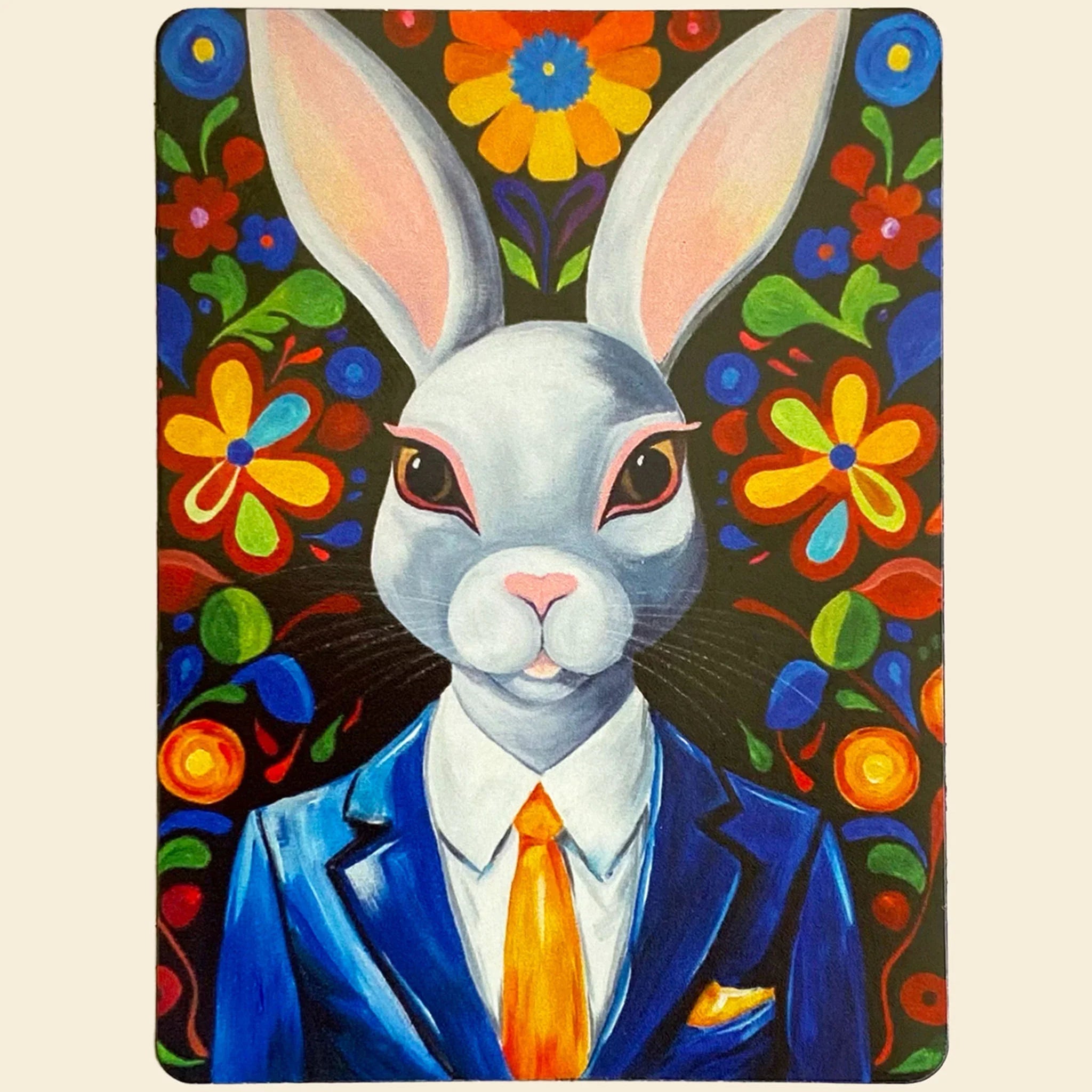 Magnet of a rabbit in a suit with a colorful floral background