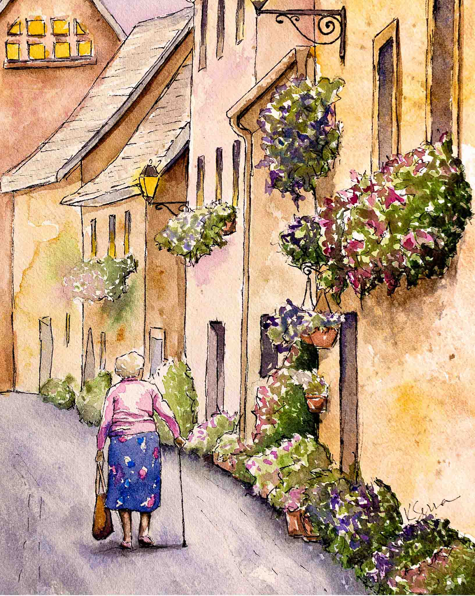 Painting of a woman walking down a quaint street lined with flowers and buildings.
