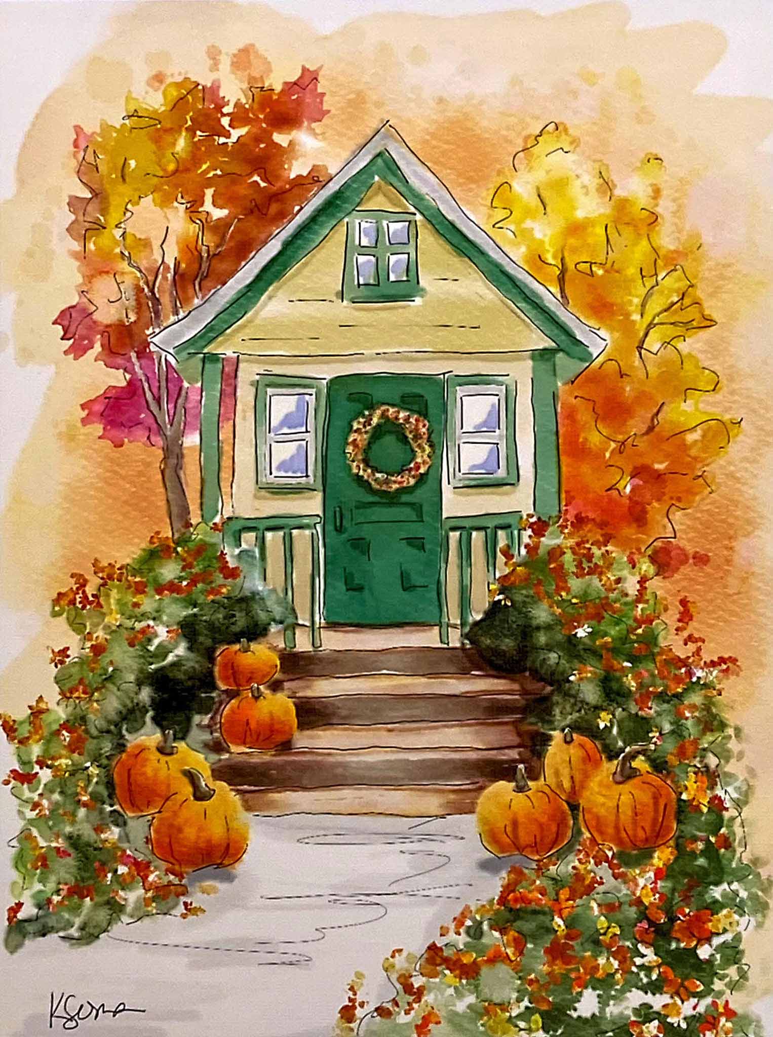 Painting of a small house with pumpkins and autumn foliage