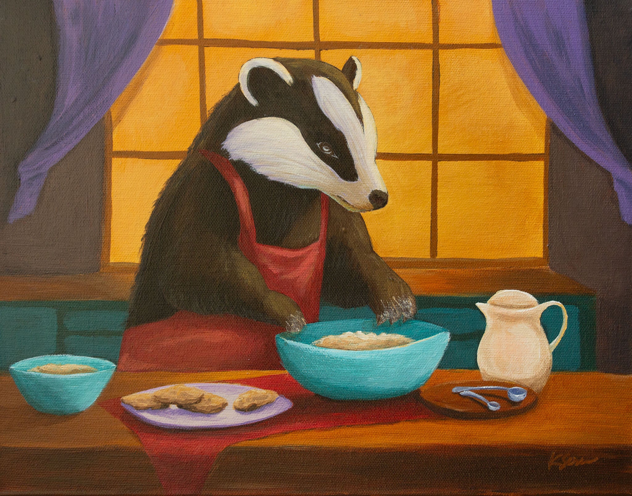 Badger in a kitchen setting with a red apron, bowls, and a teapot.