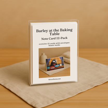 Note card set packaging with 'Barley at the Baking Table' text on a beige background