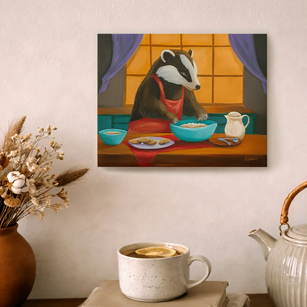 Painting of a badger at a table with a cup of coffee and teapot on a shelf.