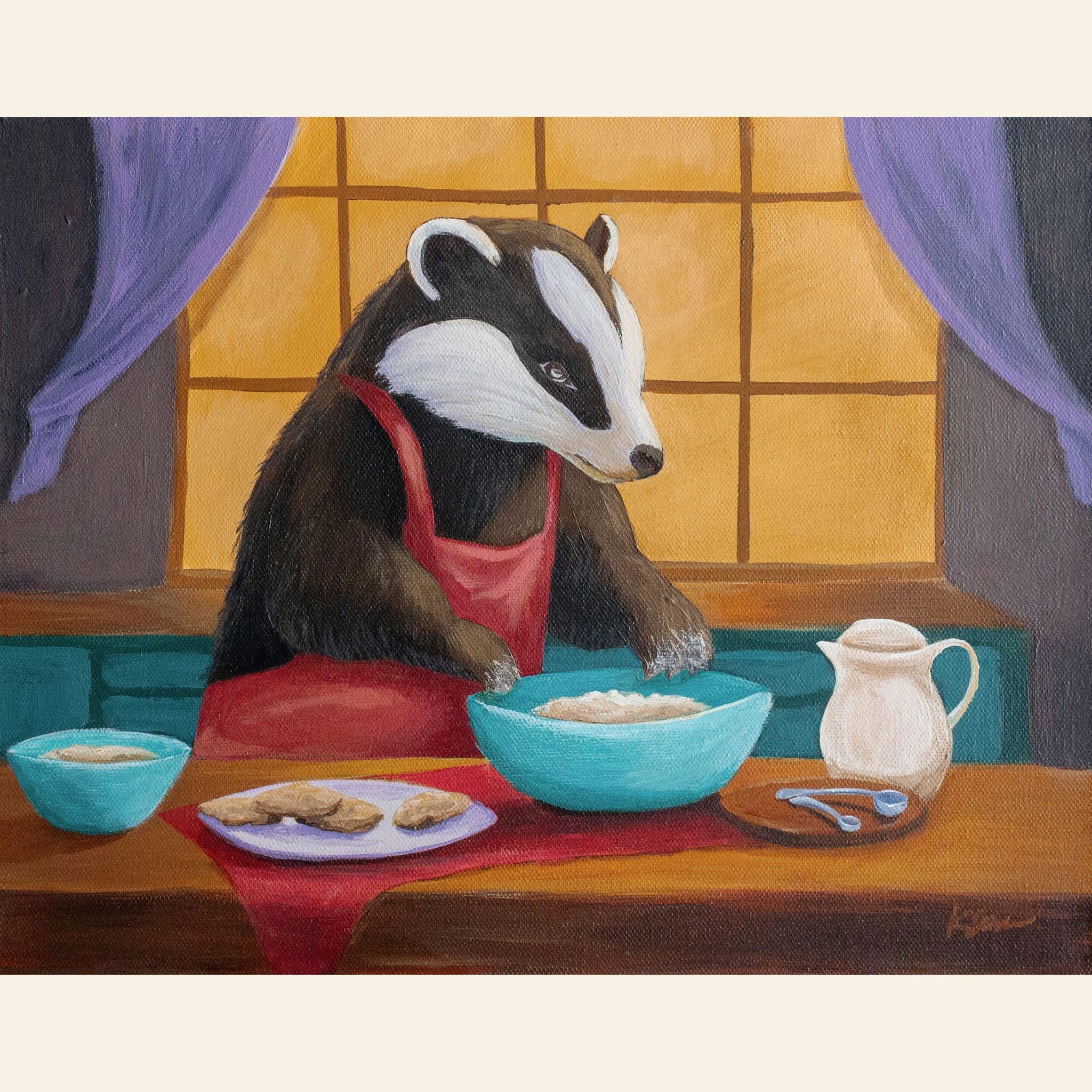 Painting of a badger in a kitchen setting with a bowl and utensils.