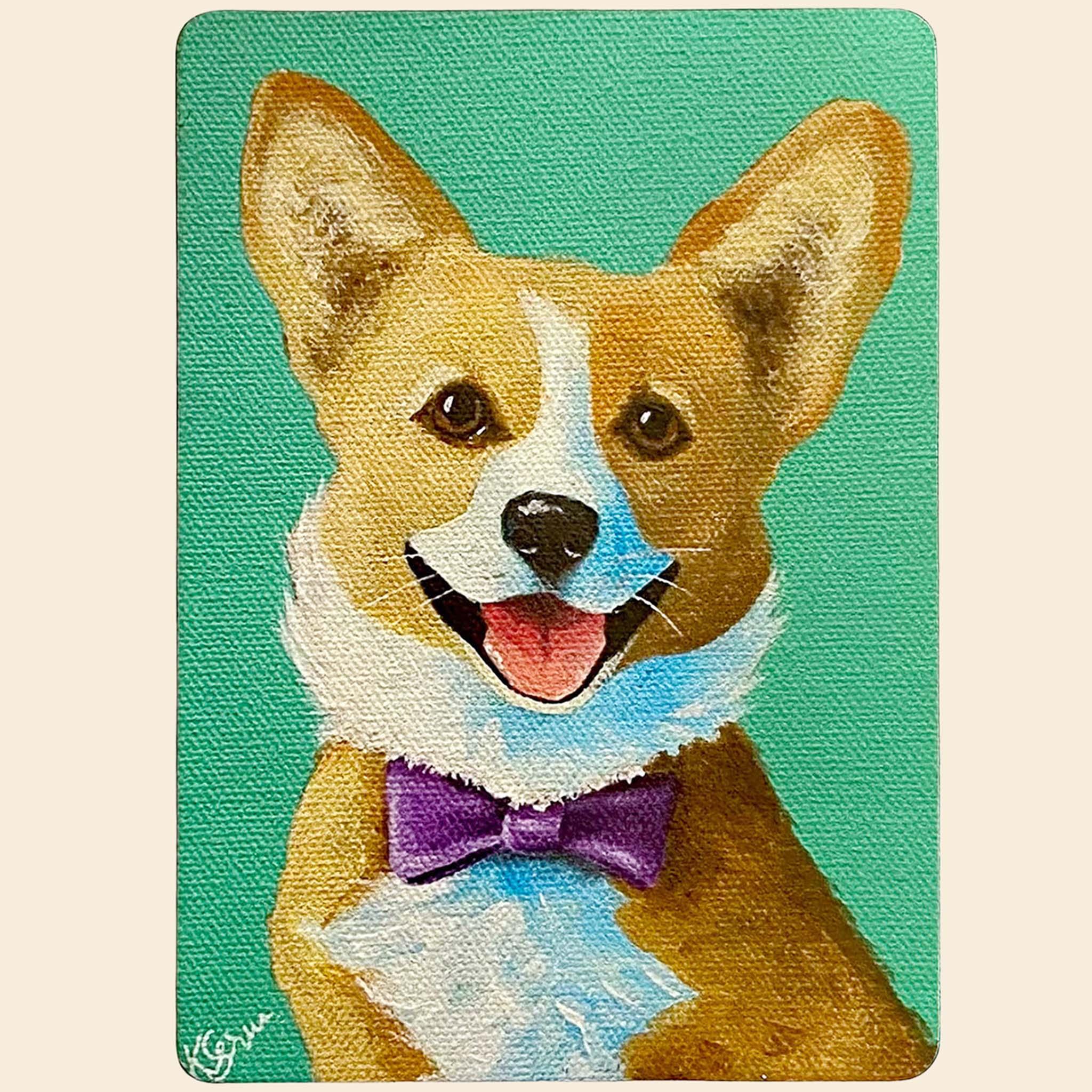 Magnet of a corgi dog with a purple bow tie on a teal background