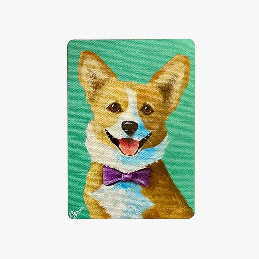 Illustration of a corgi dog with a purple bow tie on a teal background
