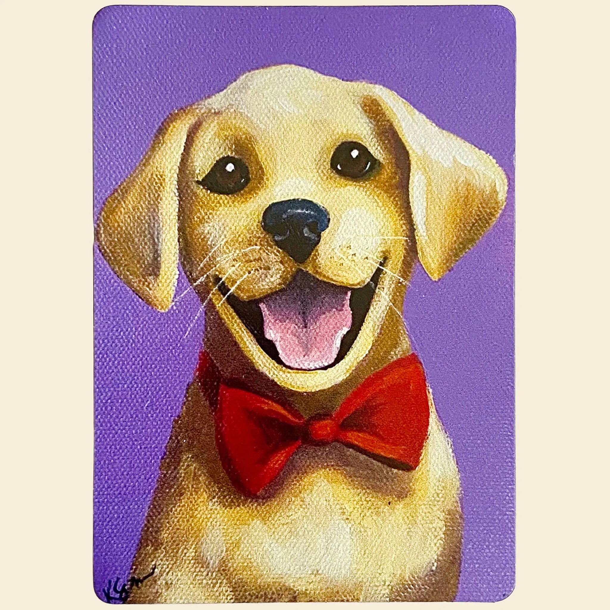Magnet of a dog wearing a red bow tie on a purple background
