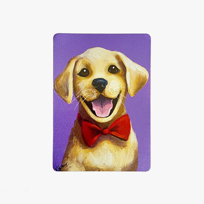 Painting of a dog wearing a red bow tie on a purple background