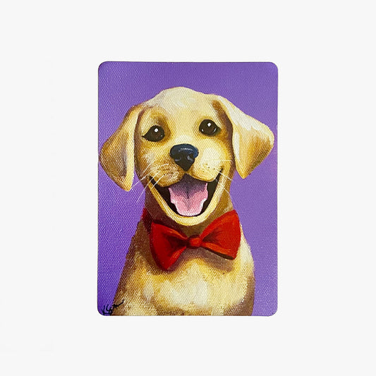 Painting of a dog wearing a red bow tie on a purple background