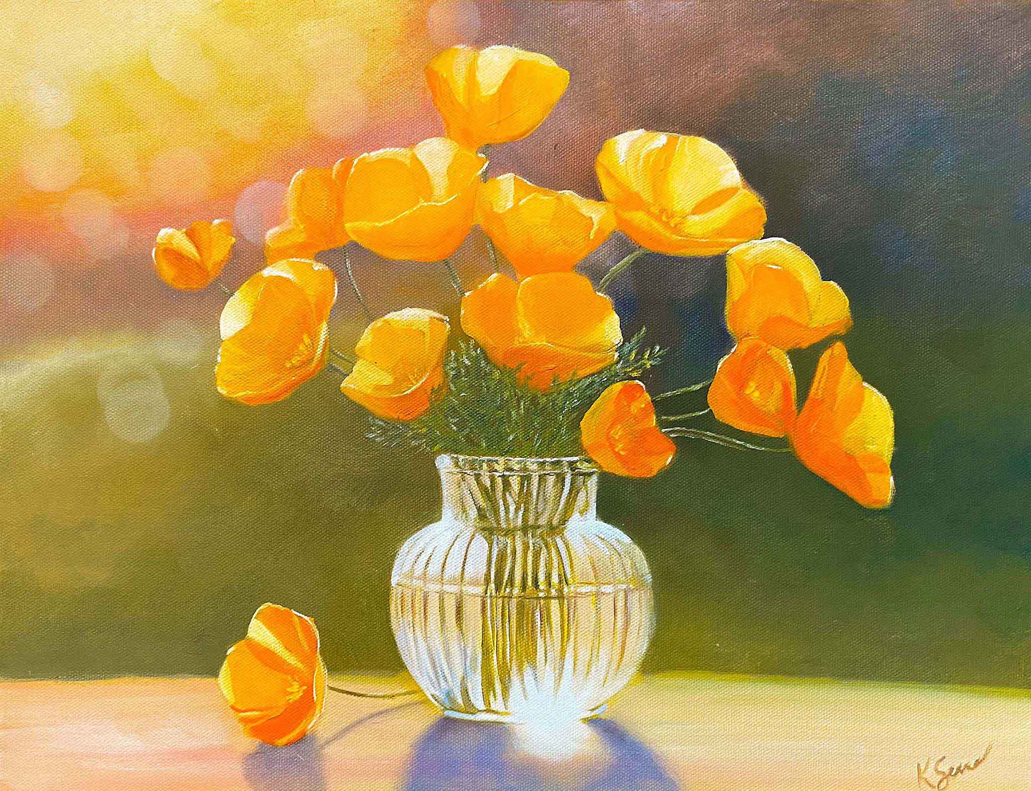 Painting of a clear vase with yellow flowers on a blurred background