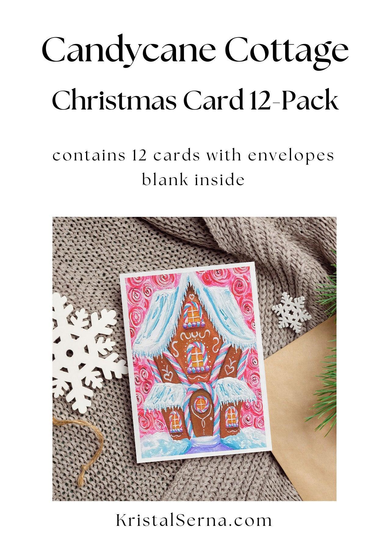 A colorful acrylic painting of a gingerbread house decorated with candy cane stripes, peppermint swirls, and snowy icing rooftops against a pink background.