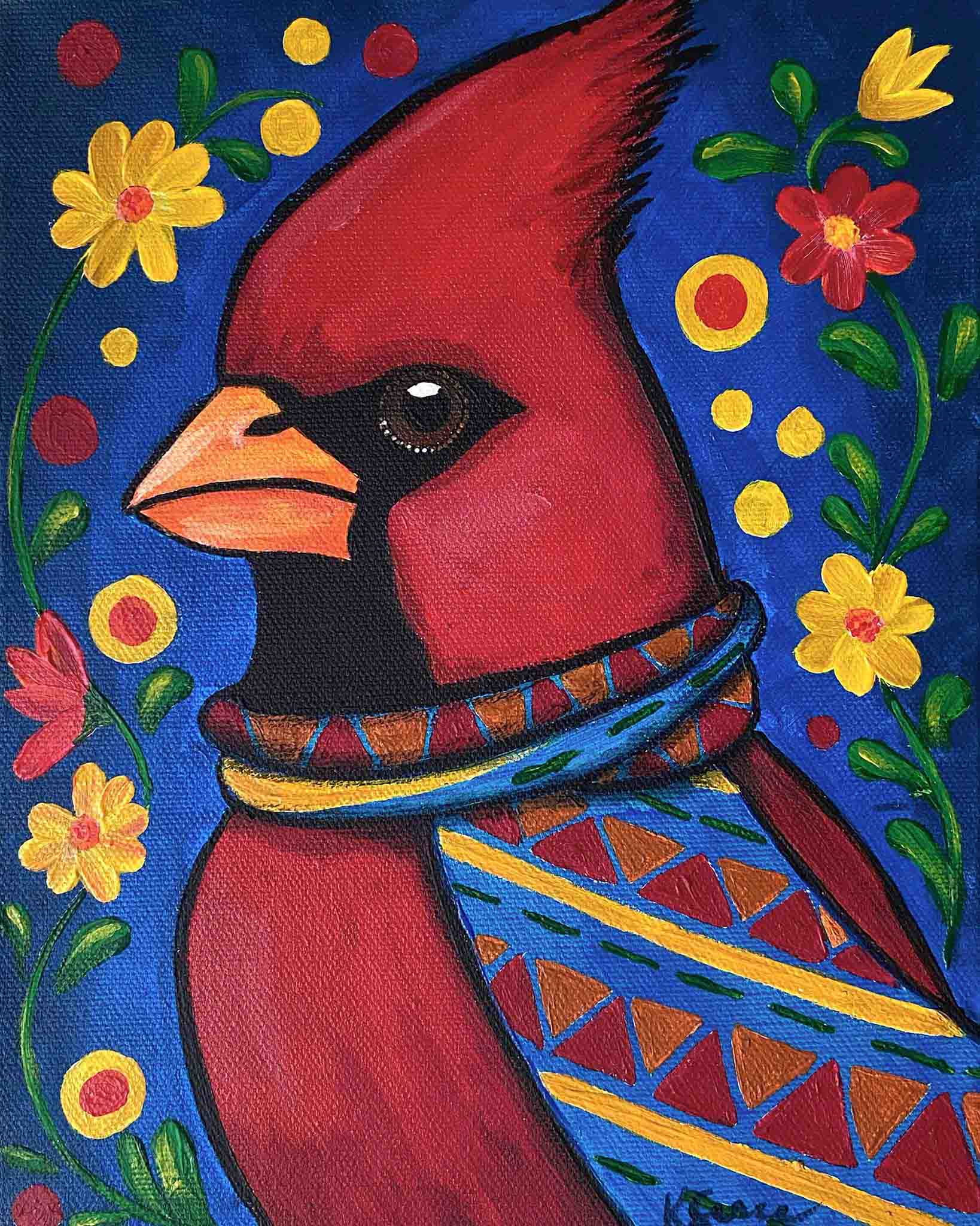 Colorful painting of a red cardinal bird with a patterned scarf against a blue background with flowers.