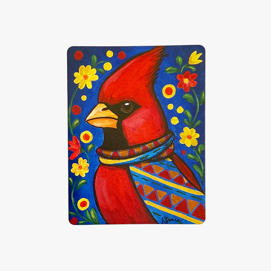 Painting of a red cardinal bird with colorful patterns on a blue background with flowers.