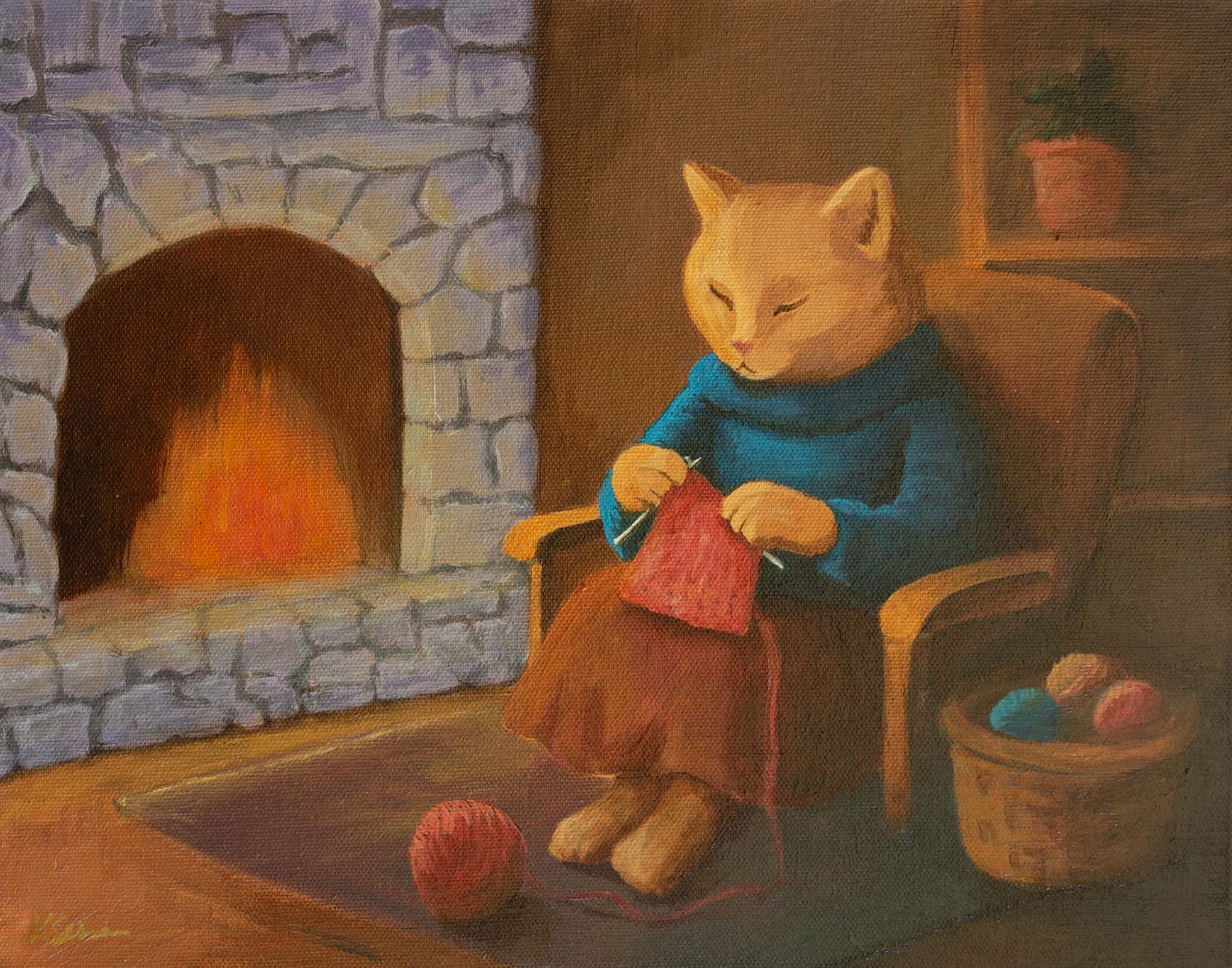 Cat in a blue sweater sitting by a fireplace knitting a red scarf.