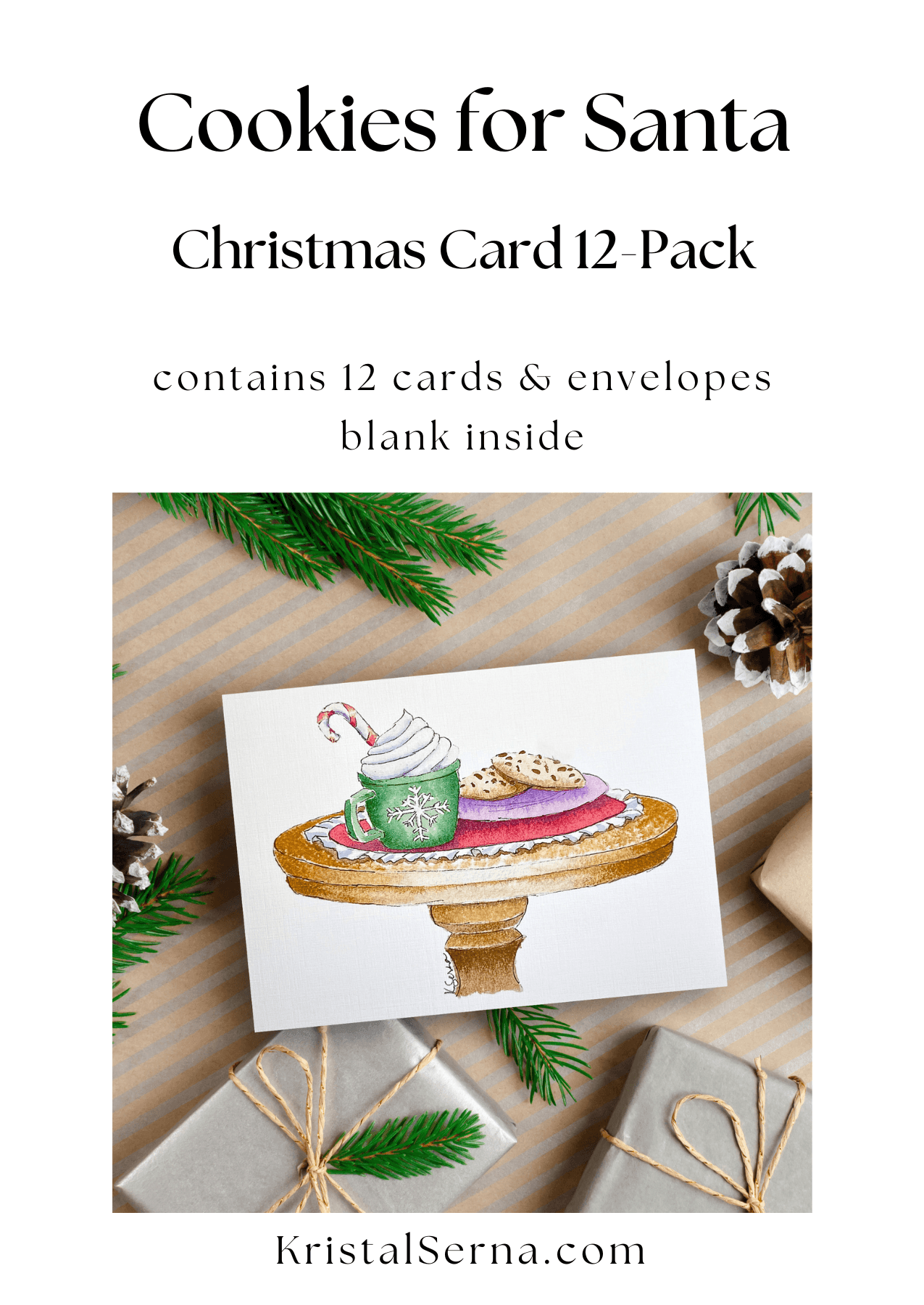 A cozy watercolor and ink painting of cookies and milk waiting for Santa, perfect for sending a warm Christmas greeting.