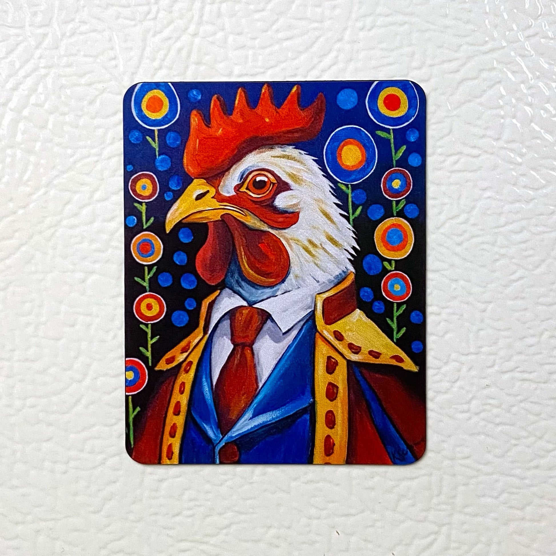 Colorful painting of a rooster in a suit on a white background