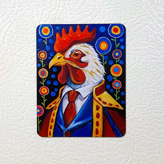 Colorful painting of a rooster in a suit on a white background