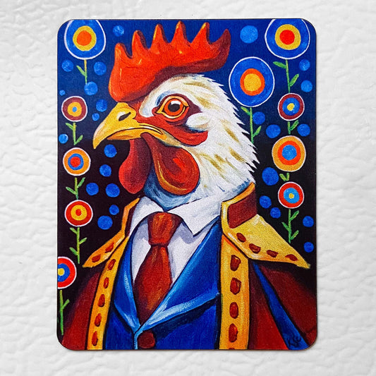 Colorful painting of a rooster in a suit with decorative background