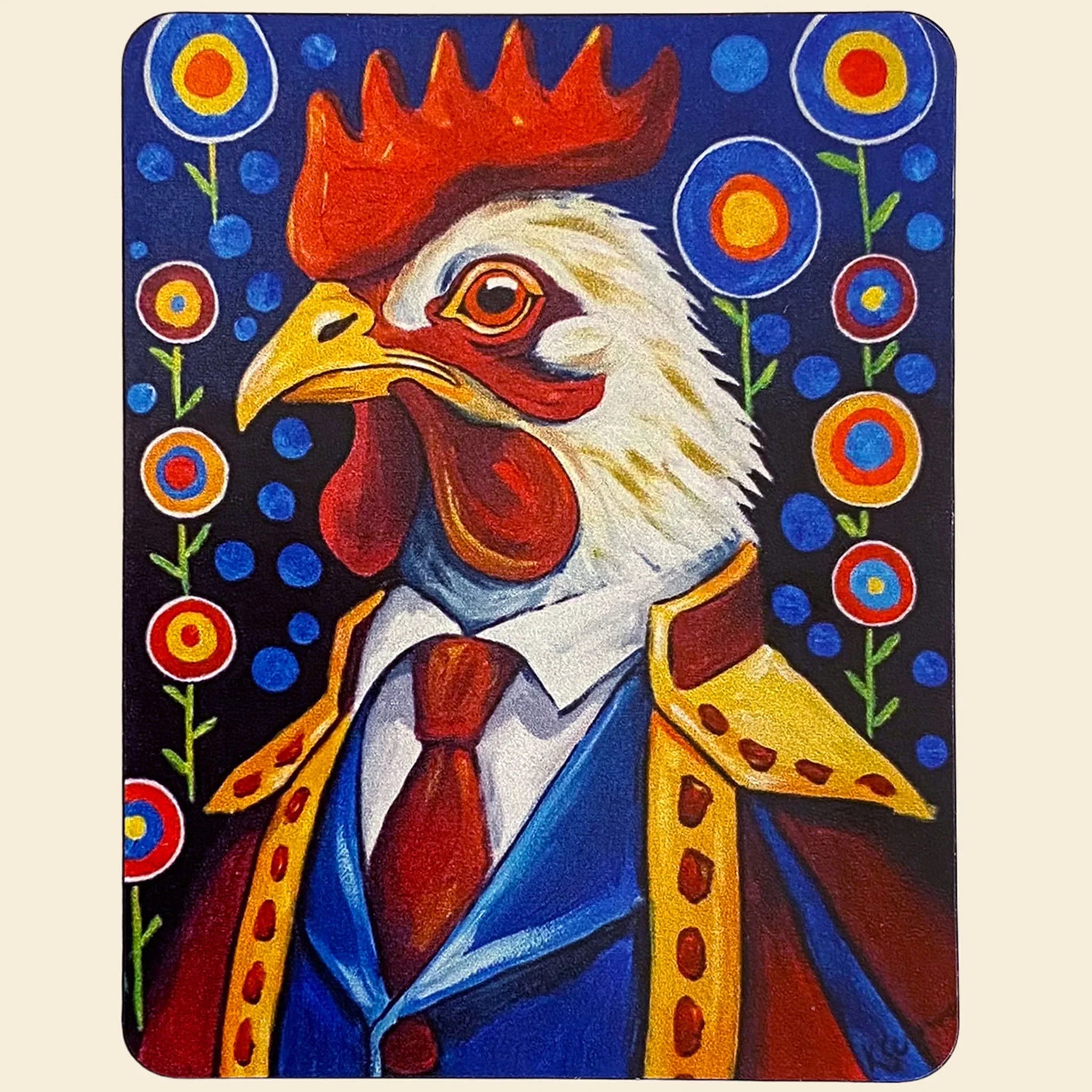 Magnet of a rooster in a suit with floral background