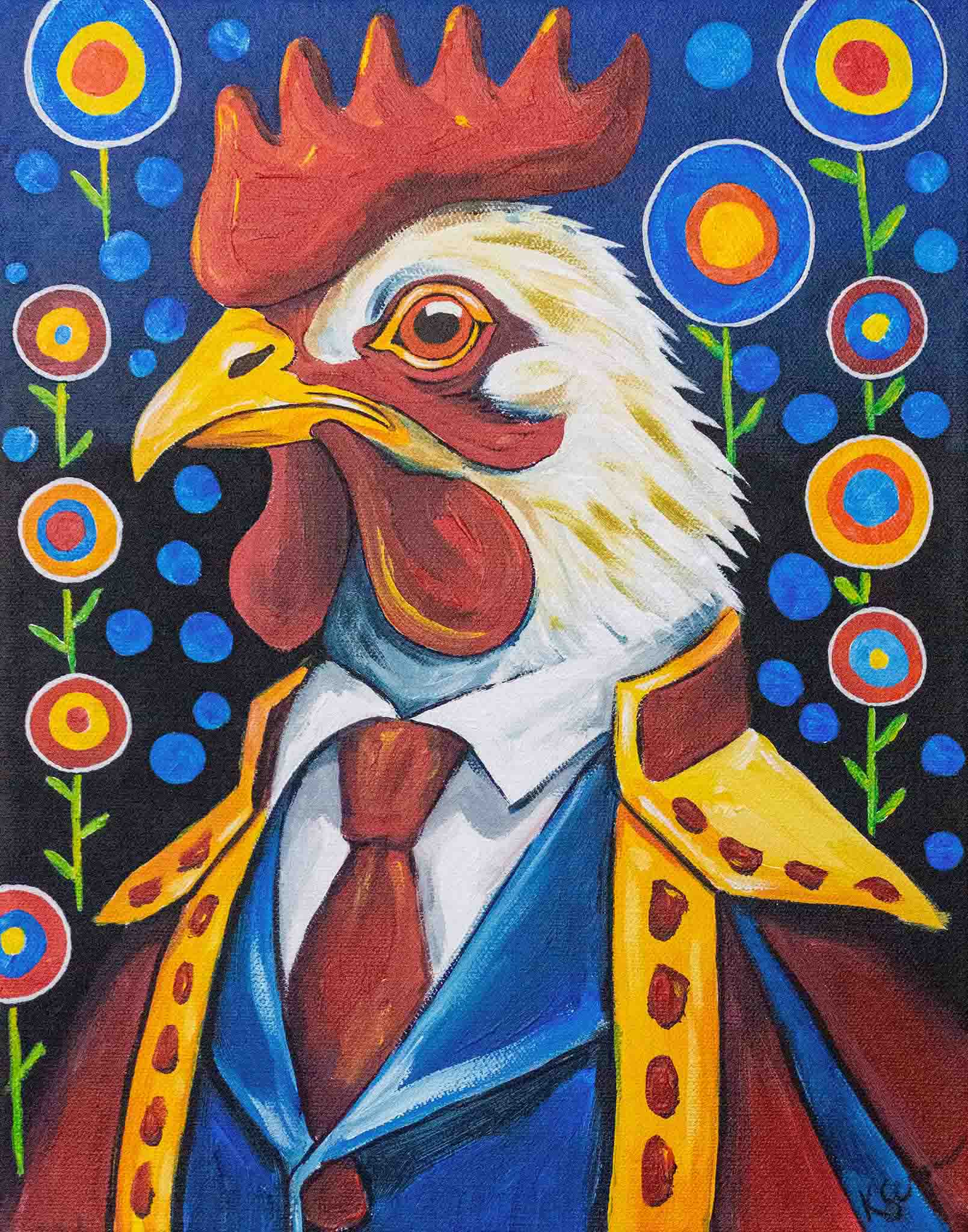 Colorful painting of a rooster in a suit with abstract floral background