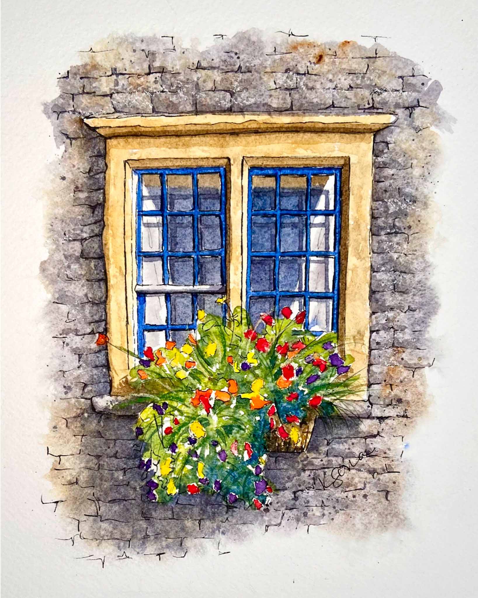 Window with blue panes and floral box on a stone wall