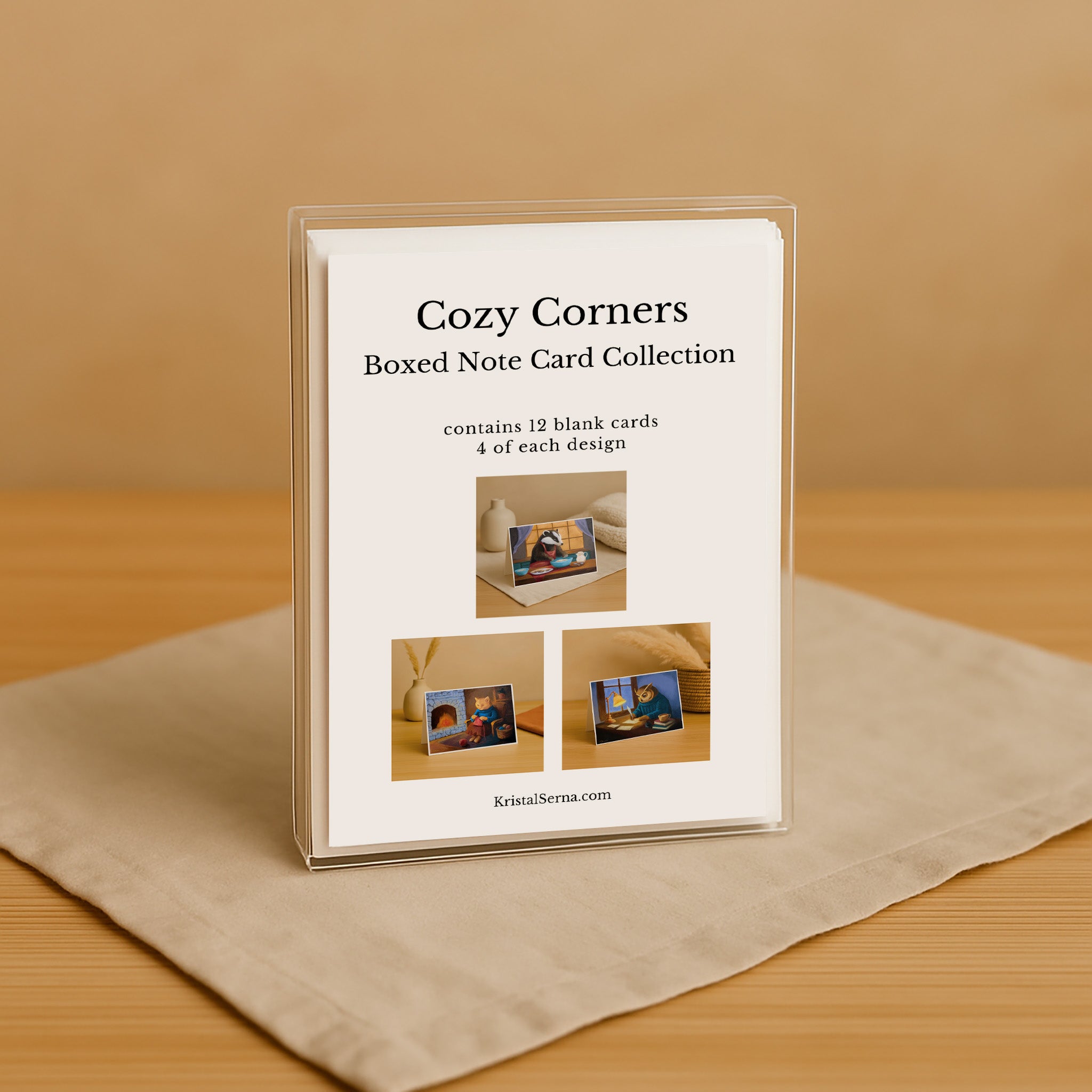 Cozy Corners Boxed Note Card Collection packaging on a beige surface with a brown background