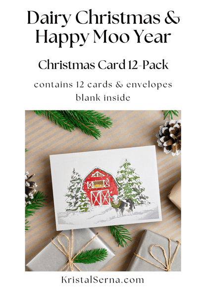 A watercolor and ink painting of a black and white cow wearing a holiday wreath standing in front of a red barn surrounded by snow-covered pine trees.