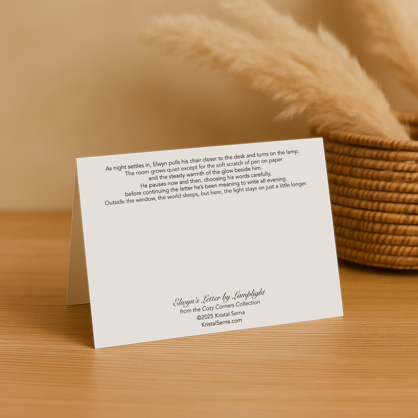 White card with text on a wooden surface with a woven basket in the background