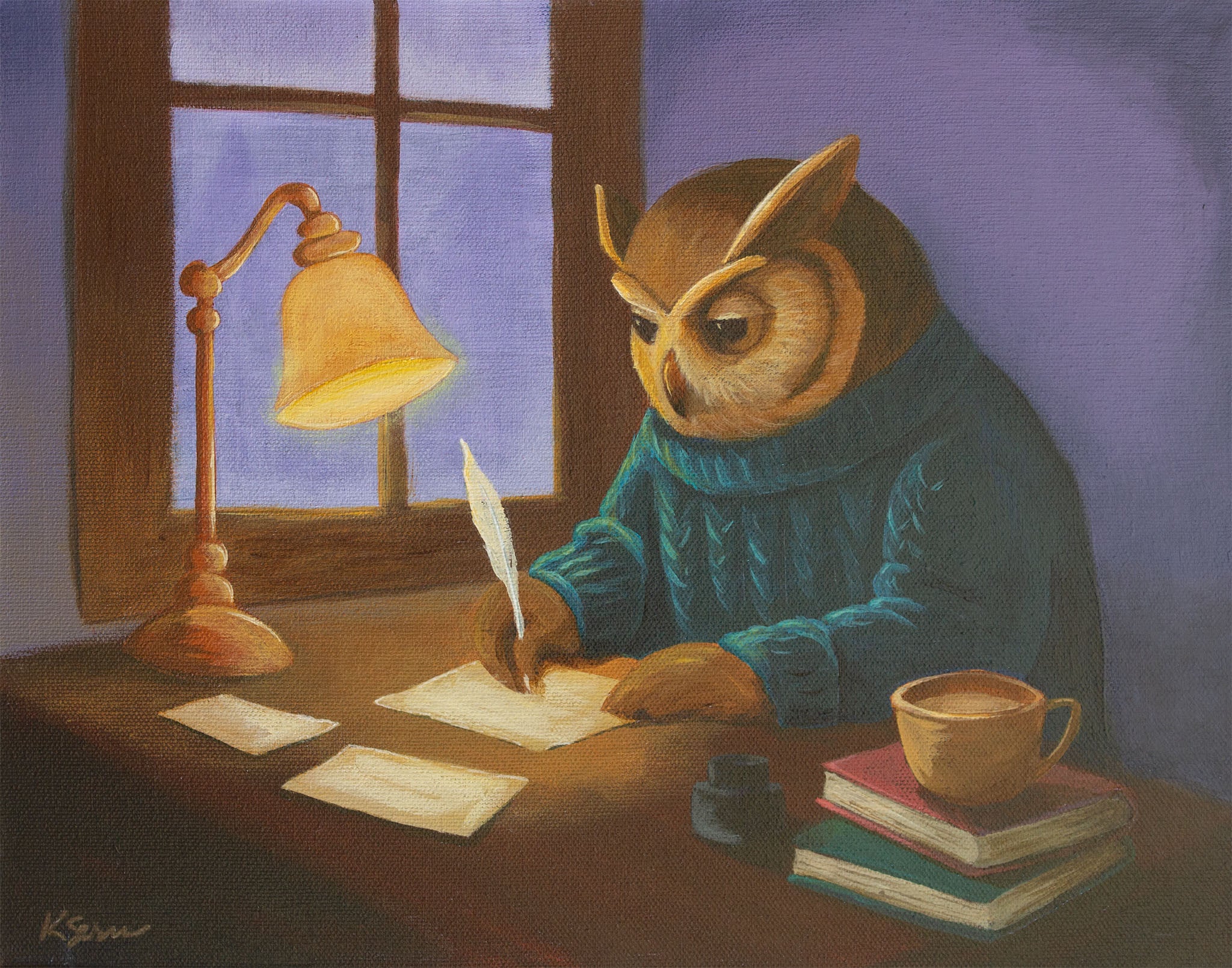 An owl in a blue sweater writing a letter at a desk.