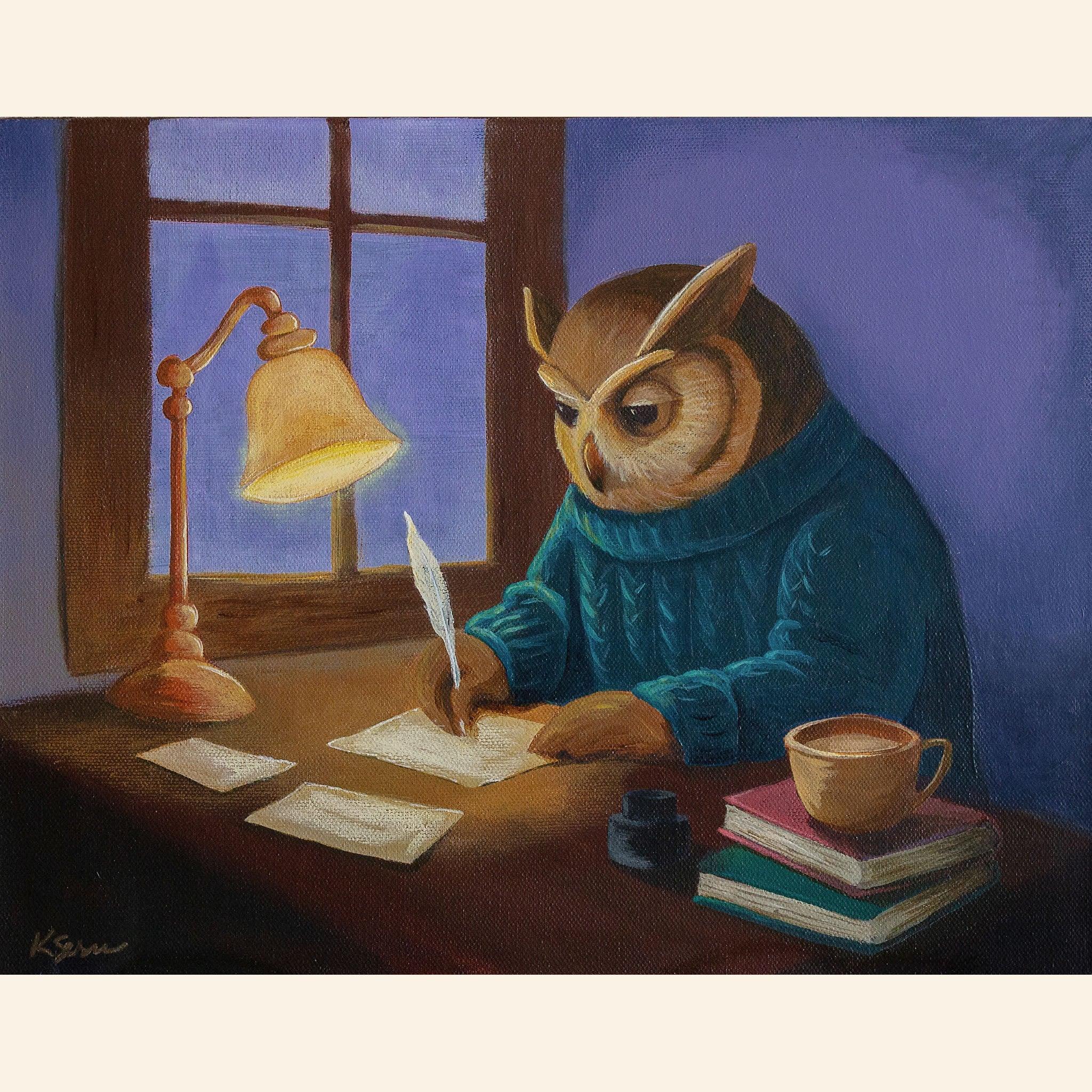 Owl in a blue sweater writing at a desk with a lamp and books in the background