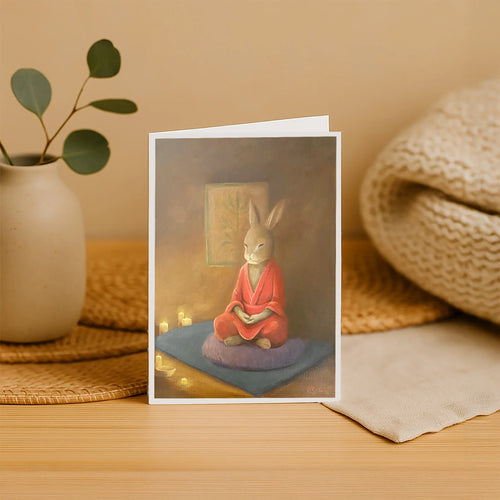 Greeting card with a rabbit in a red robe meditating on a purple cushion.