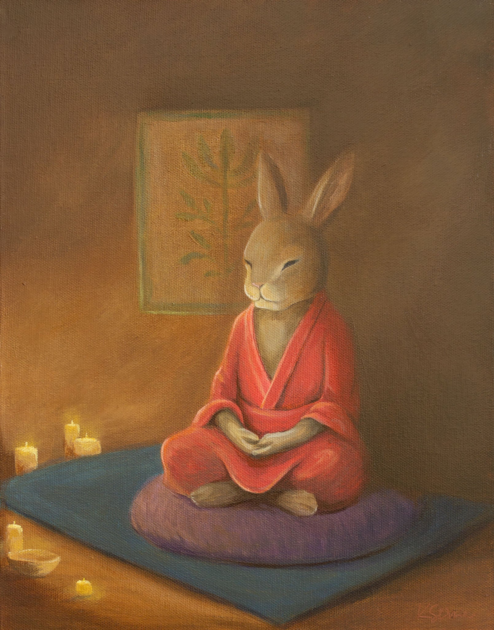 A Rabbit wearing a red robe meditating on a cushion