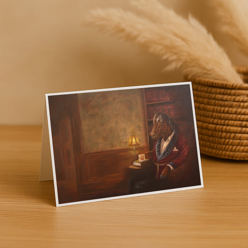 Greeting card with a horse in a room on a wooden surface