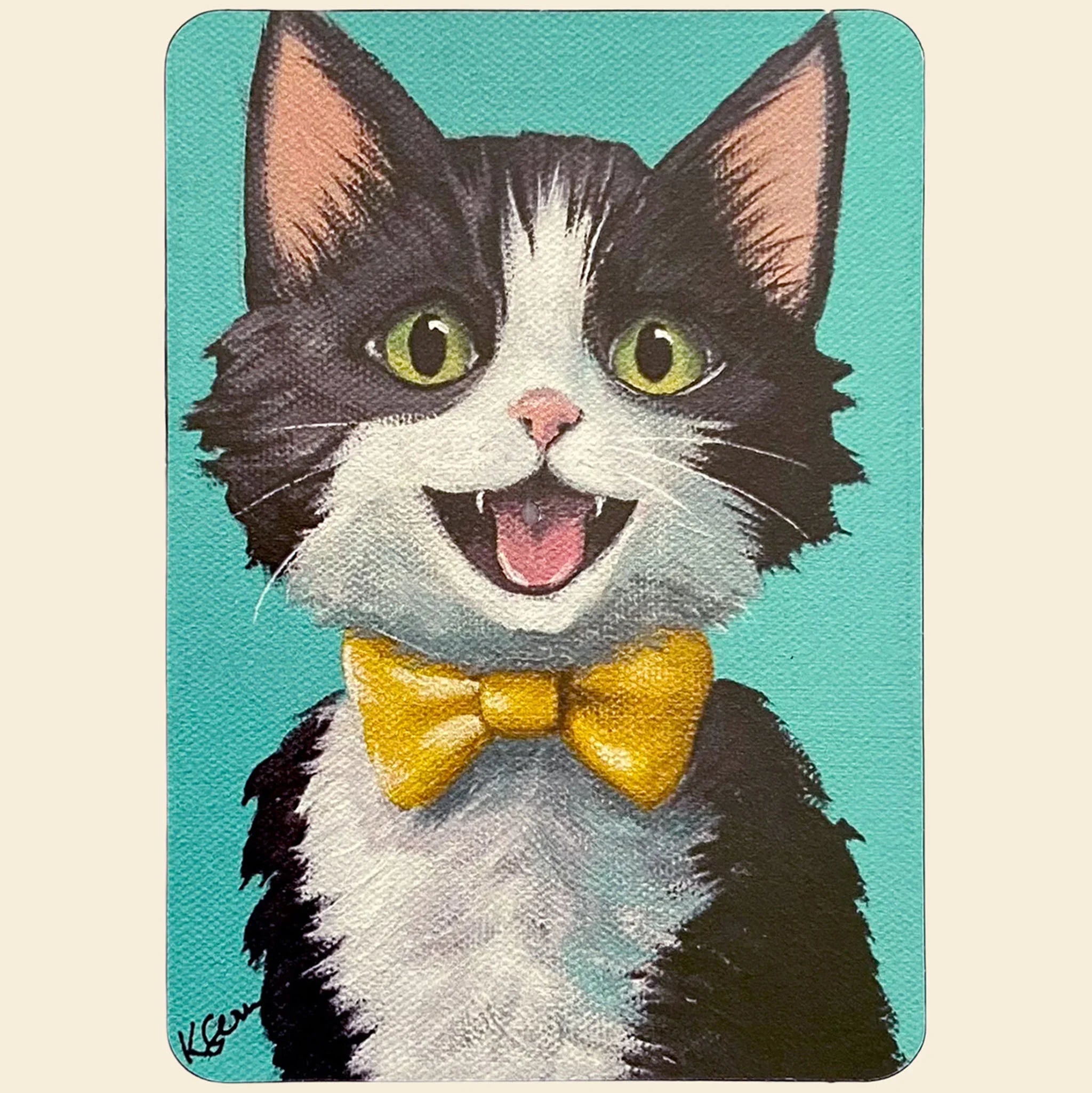Magnet of a black and white cat with a yellow bow tie on a teal background