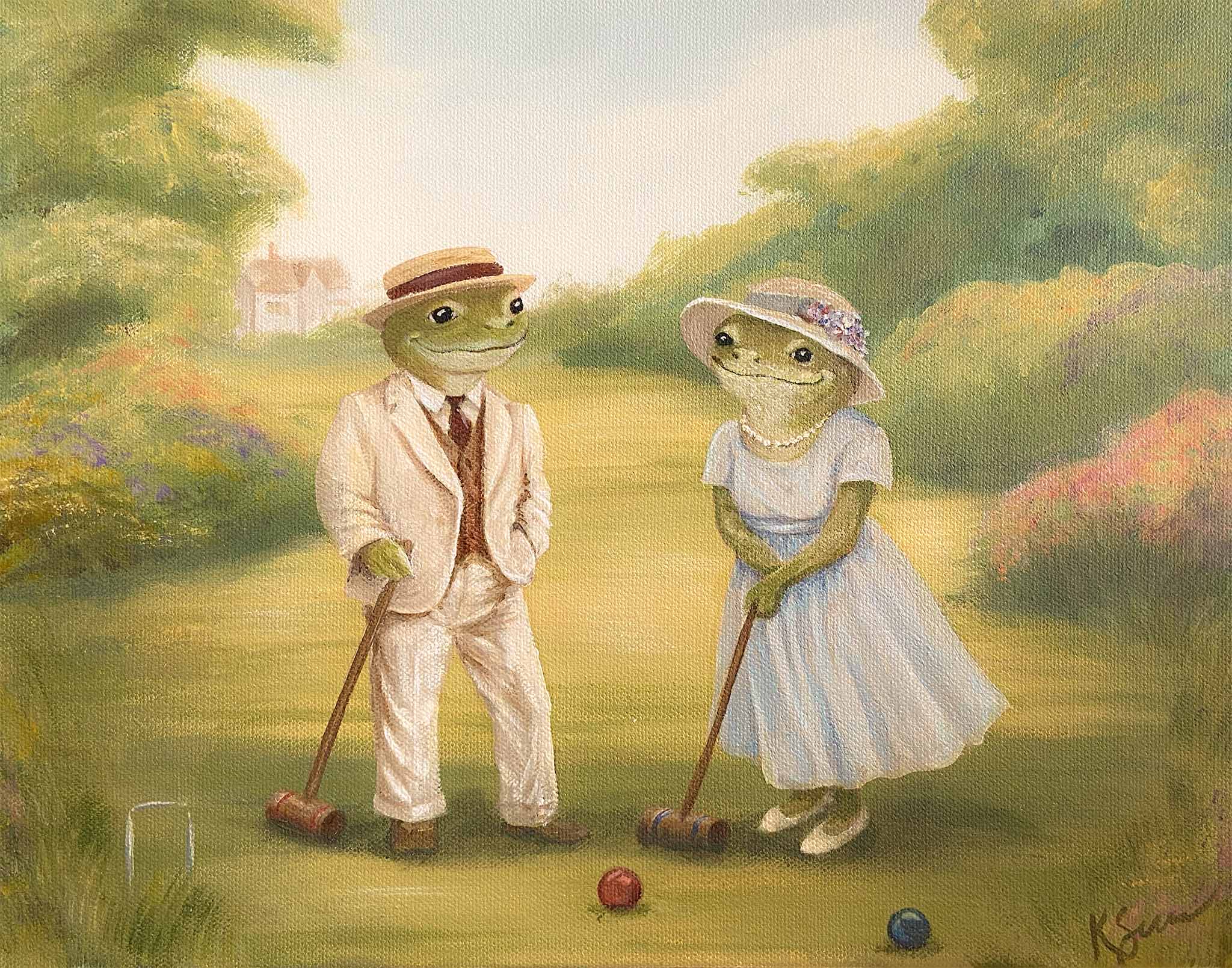 Frogs in formal attire playing croquet in a garden setting