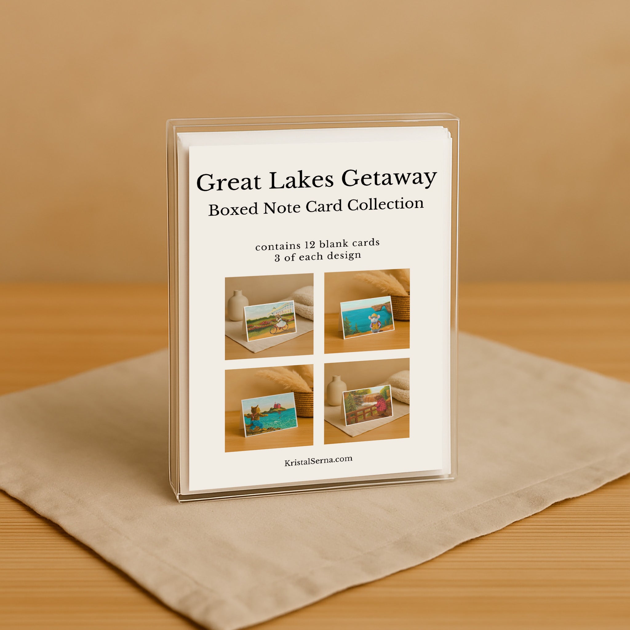 Boxed note card collection titled 'Great Lakes Getaway' on a beige surface with a brown background.