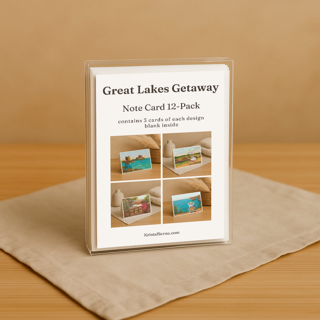 Packaging of 'Great Lakes Getaway' note cards on a beige surface with a brown background