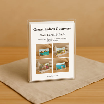 Packaging of 'Great Lakes Getaway' note cards on a beige surface with a brown background