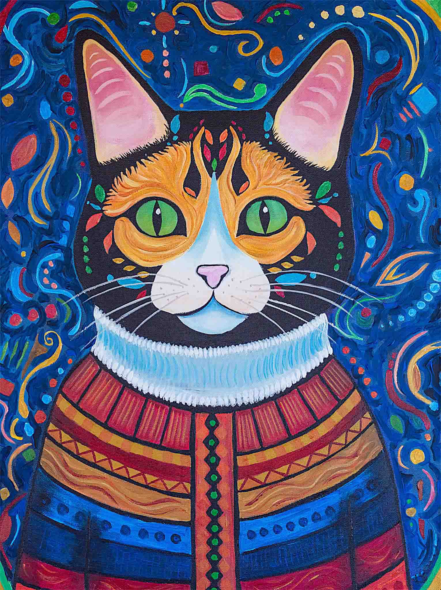 Colorful painting of a cat with intricate patterns and a patterned sweater against a vibrant background.