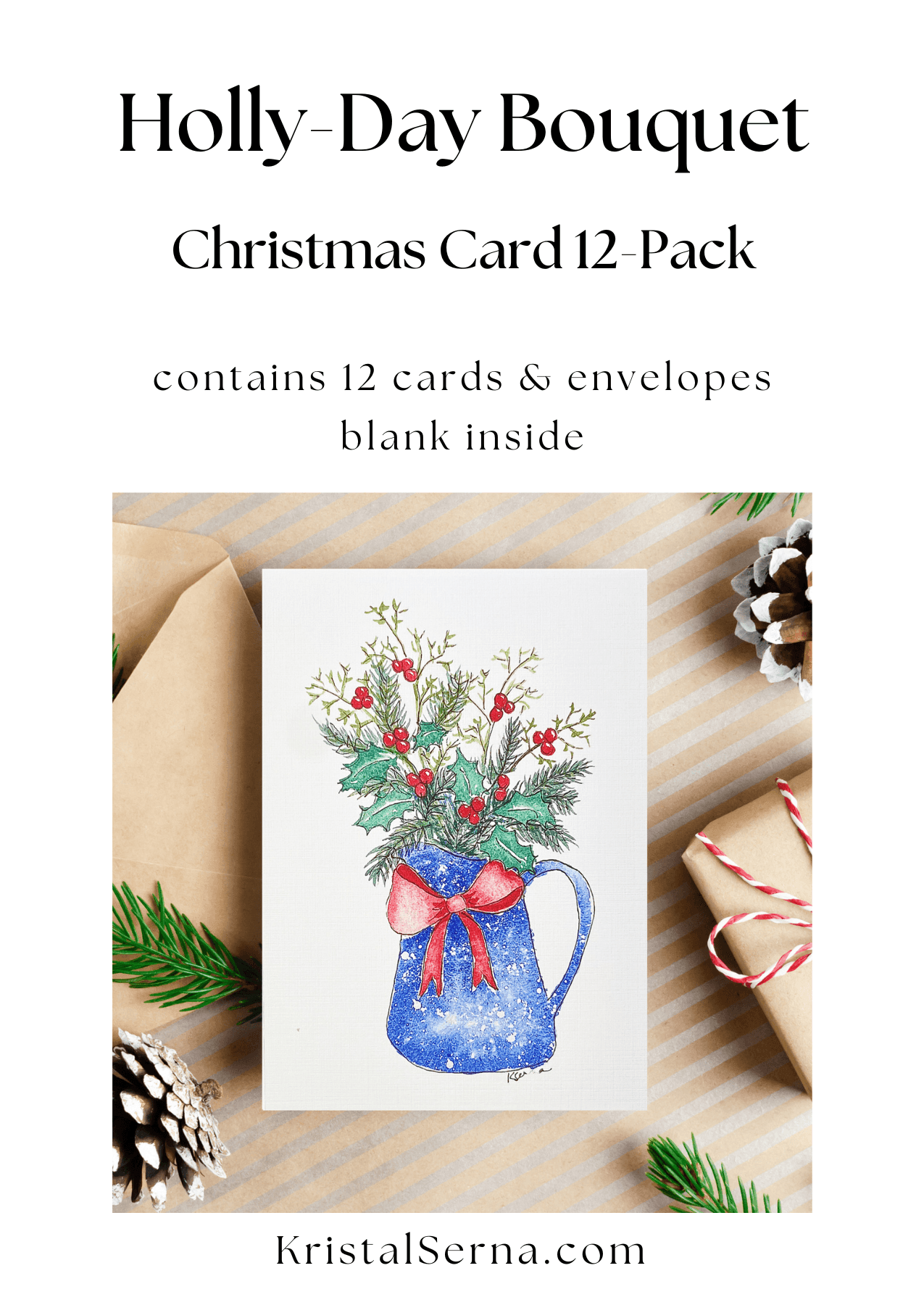 A watercolor and ink painting of a blue pitcher with a red bow, filled with holly leaves, red berries, and evergreen branches.