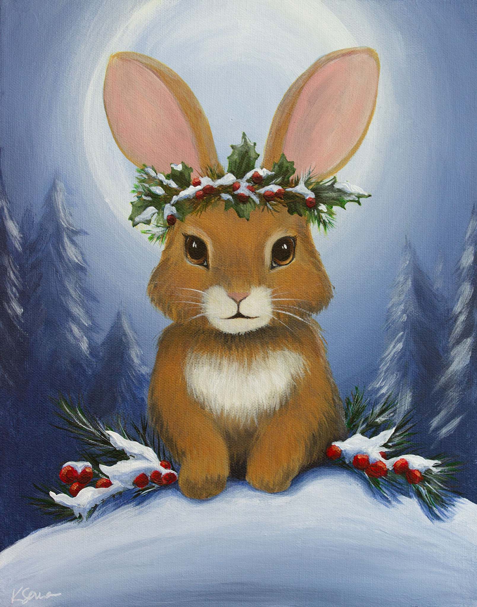 Painting of a rabbit with a winter wreath on a snowy landscape