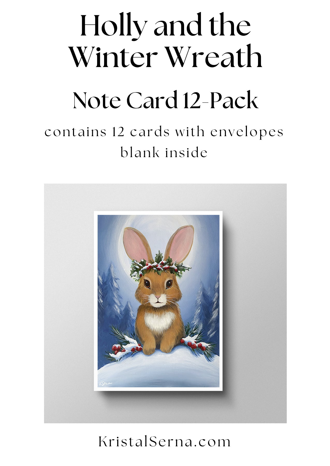Note card set with a rabbit wearing a winter wreath on a snowy background, featuring text about the product and artist.