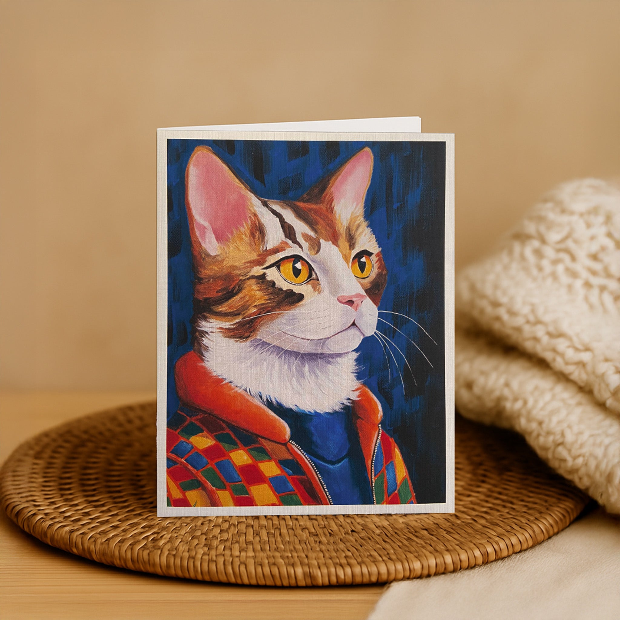 Card with a colorful cat illustration on a woven mat and beige surface.