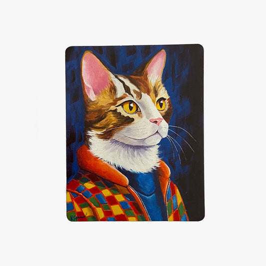 Painting of a cat wearing a colorful coat on a dark background
